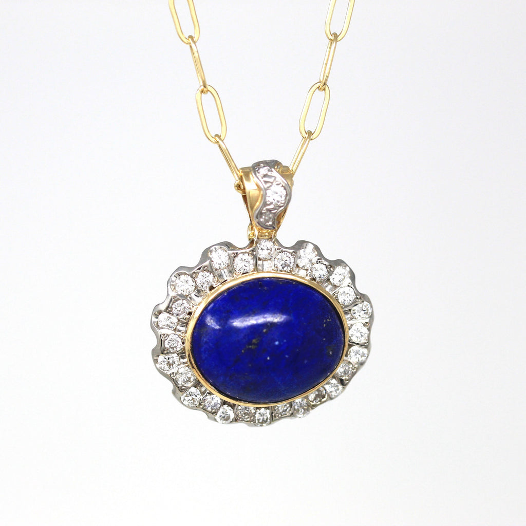 Lapis Lazuli Necklace - Estate 14k Yellow Gold Blue Cabochon Cut 16.12 CT Gem - Vintage Circa 1990s Era Diamond 1.16 CTW Halo Fine Jewelry