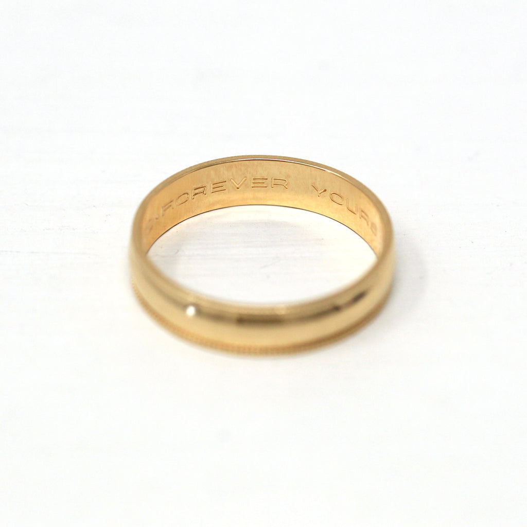 Estate Wedding Band - Modern 14k Yellow Gold Milgrain Eternity Designs Ring - Dated "9-8-90" Era Size 6 Fine "Forever Yours KER" 90s Jewelry