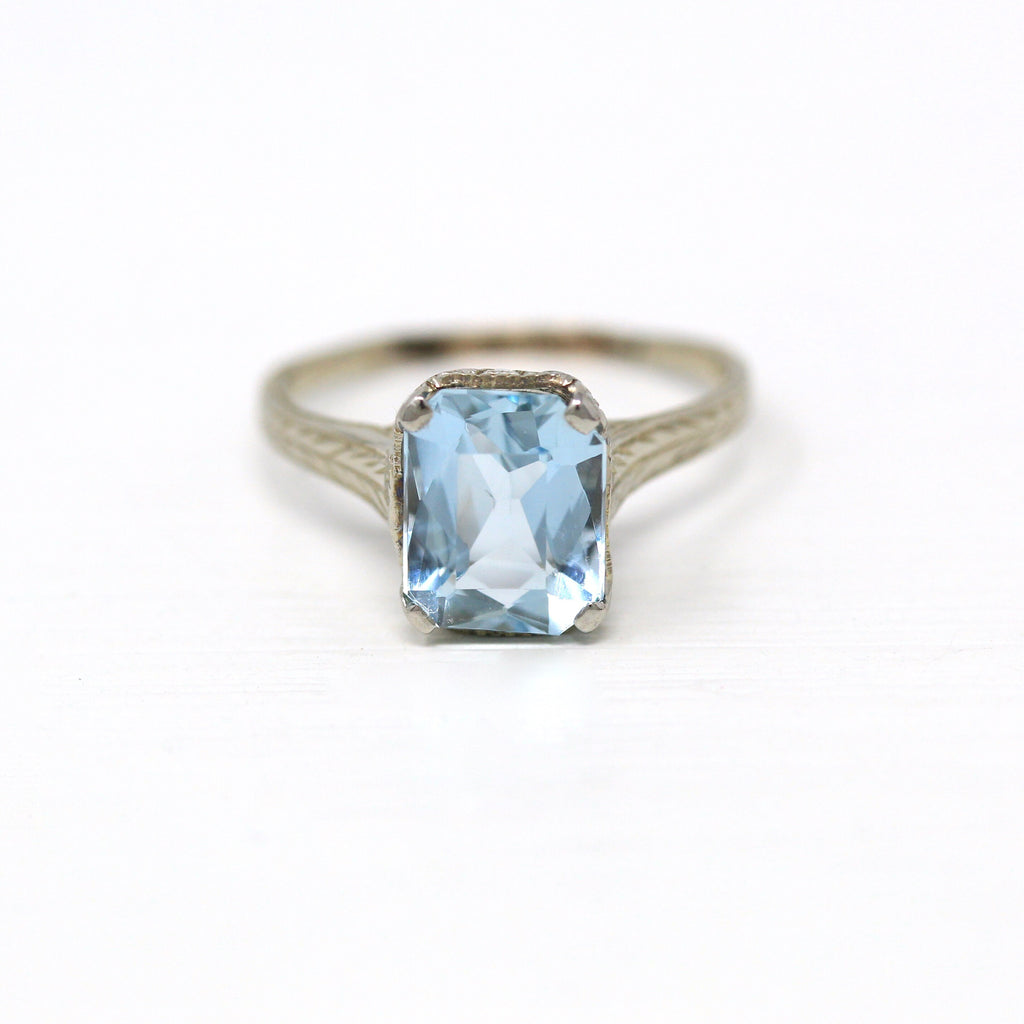 Genuine Aquamarine Ring - Art Deco 18k White Gold Emerald Cut 2.02 CT Blue Gem - Vintage Circa 1930s Era Size 5 1/2 March Birthstone Jewelry