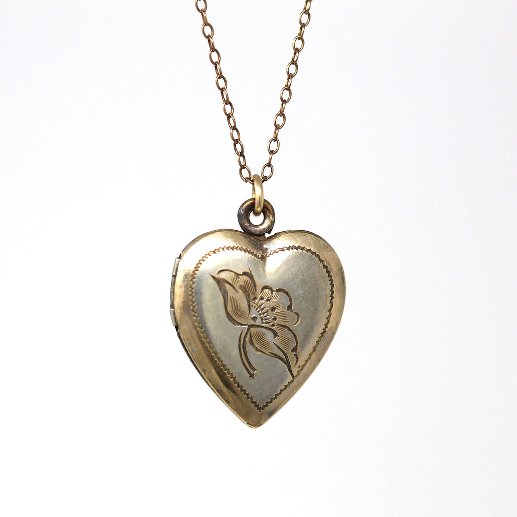 Vintage Heart Locket - Retro 12k Gold Filled Engraved Flower Design Pendant Necklace - Circa 1940s Era Statement Keepsake ALLCO 40s Jewelry