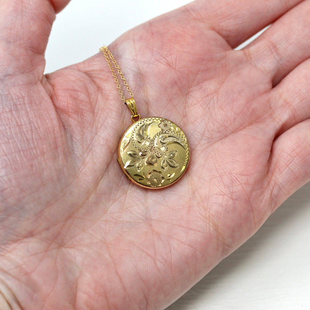 Vintage Flower Locket - Retro 12k Yellow & Rose Gold Filled Round Charm Pendant Necklace - "I Love You Linda Joe 78" Floral Keepsake Jewelry