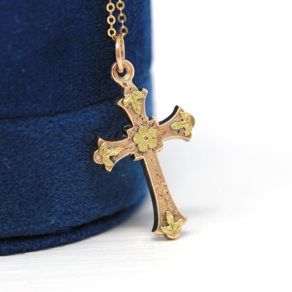 Antique Cross Necklace - Victorian Era 10k Rose Gold Flower Leaf Crucifix Pendant - Circa 1890s Era Religious Faith Two Tone Fine Jewelry