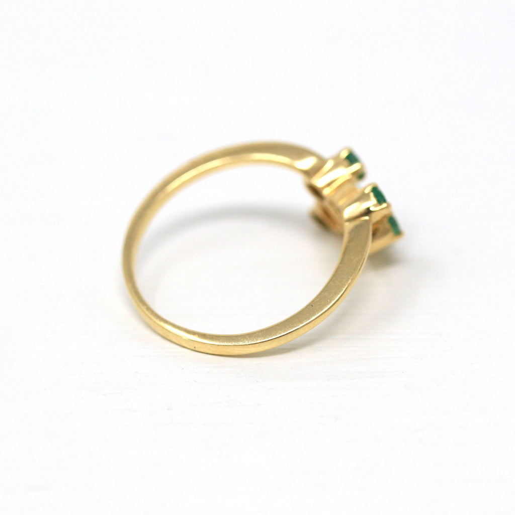 Genuine Emerald Ring - Estate 14k Yellow Gold Genuine Round Faceted .30 CTW Gems - Vintage Circa 1990s Era Size 6.5 Fan Design Fine Jewelry