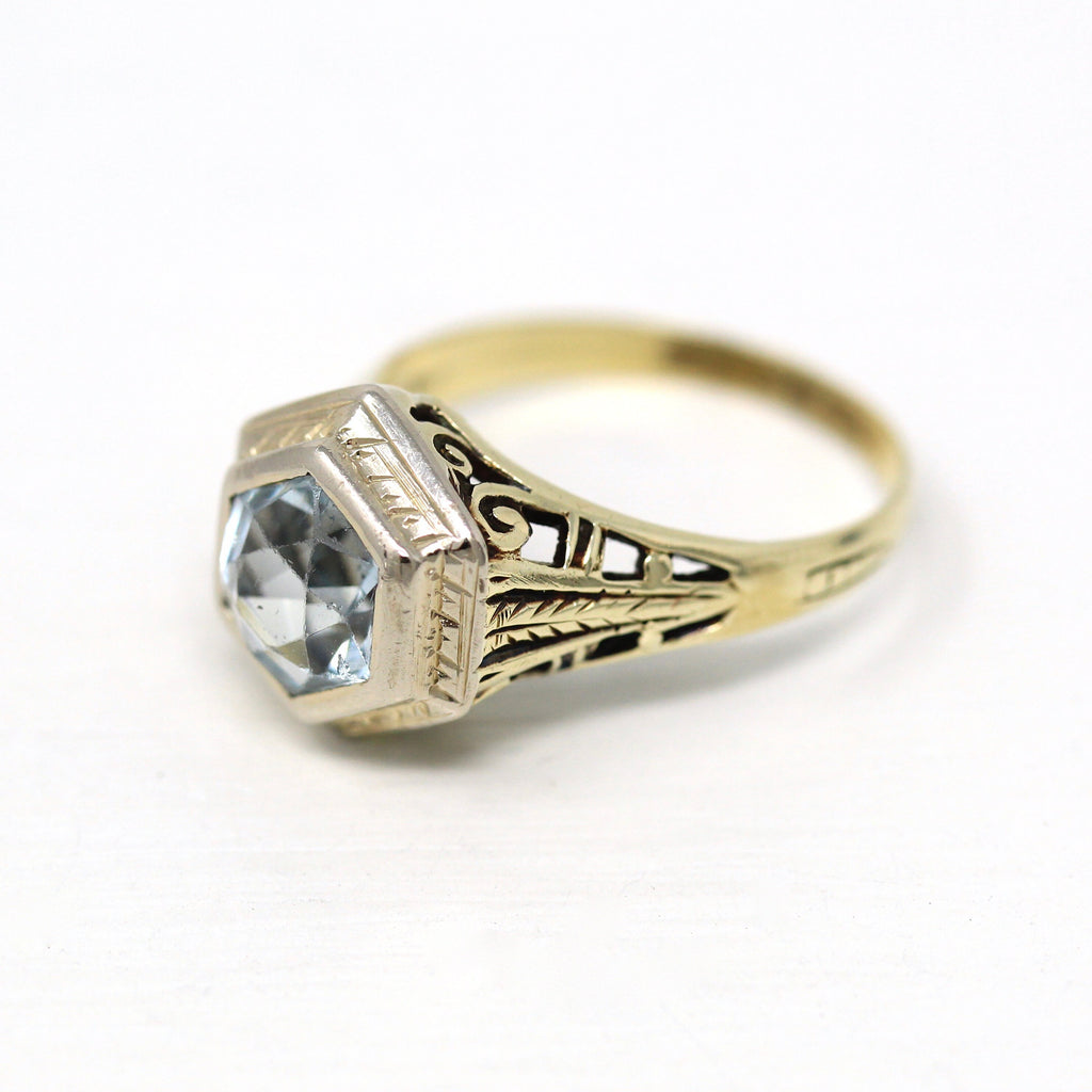 Genuine Aquamarine Ring - Art Deco Era 14k Yellow & White Gold Filigree Blue Gem Statement - Vintage 1930s Size 7 Engagement Fine Jewelry