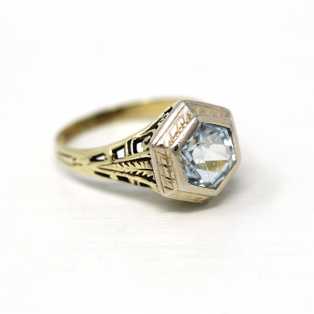 Genuine Aquamarine Ring - Art Deco Era 14k Yellow & White Gold Filigree Blue Gem Statement - Vintage 1930s Size 7 Engagement Fine Jewelry