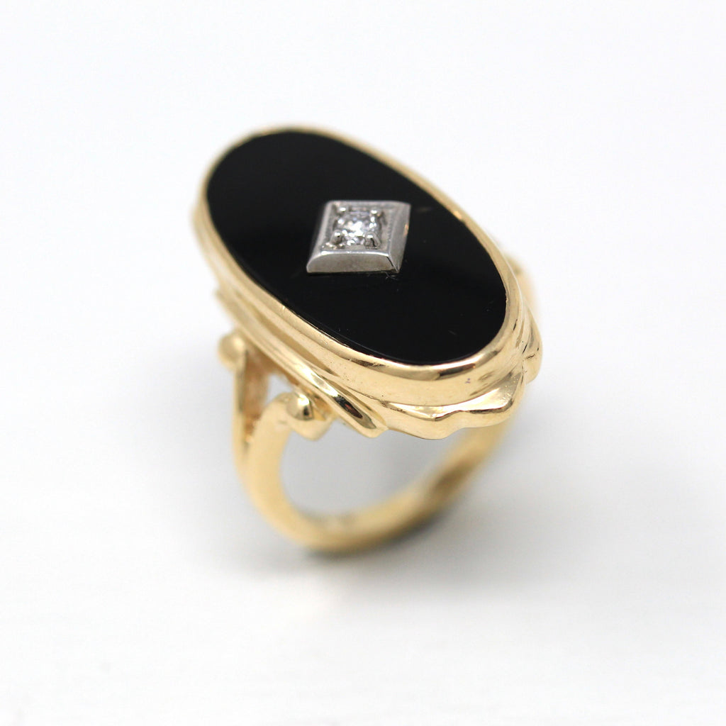Genuine Onyx Ring - Retro 14k Yellow Gold Oval Black Gemstone .03 CT Diamond Gemstone - Vintage 1940s Era Size 4 Statement Fine 40s Jewelry