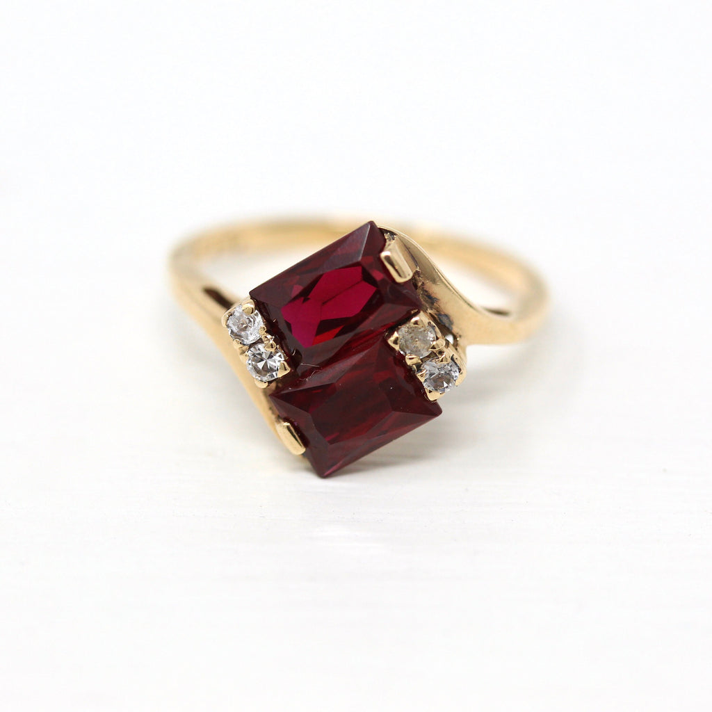 Created Ruby Ring - Retro 10k Yellow Gold Red Two Stone - Vintage Circa 1960s Era Size 5 1/2 Created Spinels Fine Toi Et Moi Jewelry