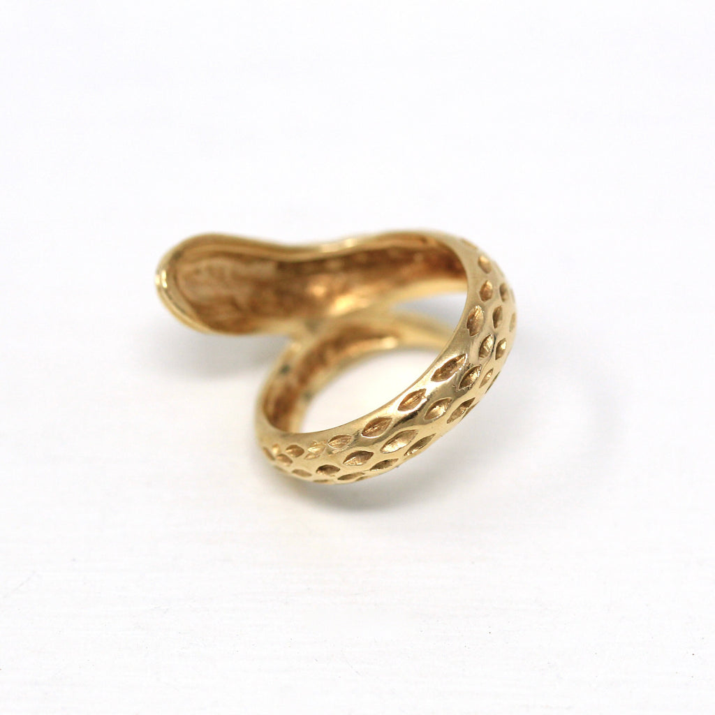 Snake Bypass Ring - Modern Estate 14k Yellow Gold Coiled Serpent Statement - Circa 2000's Era Size 4 Victorian Style Figural Fine Jewelry