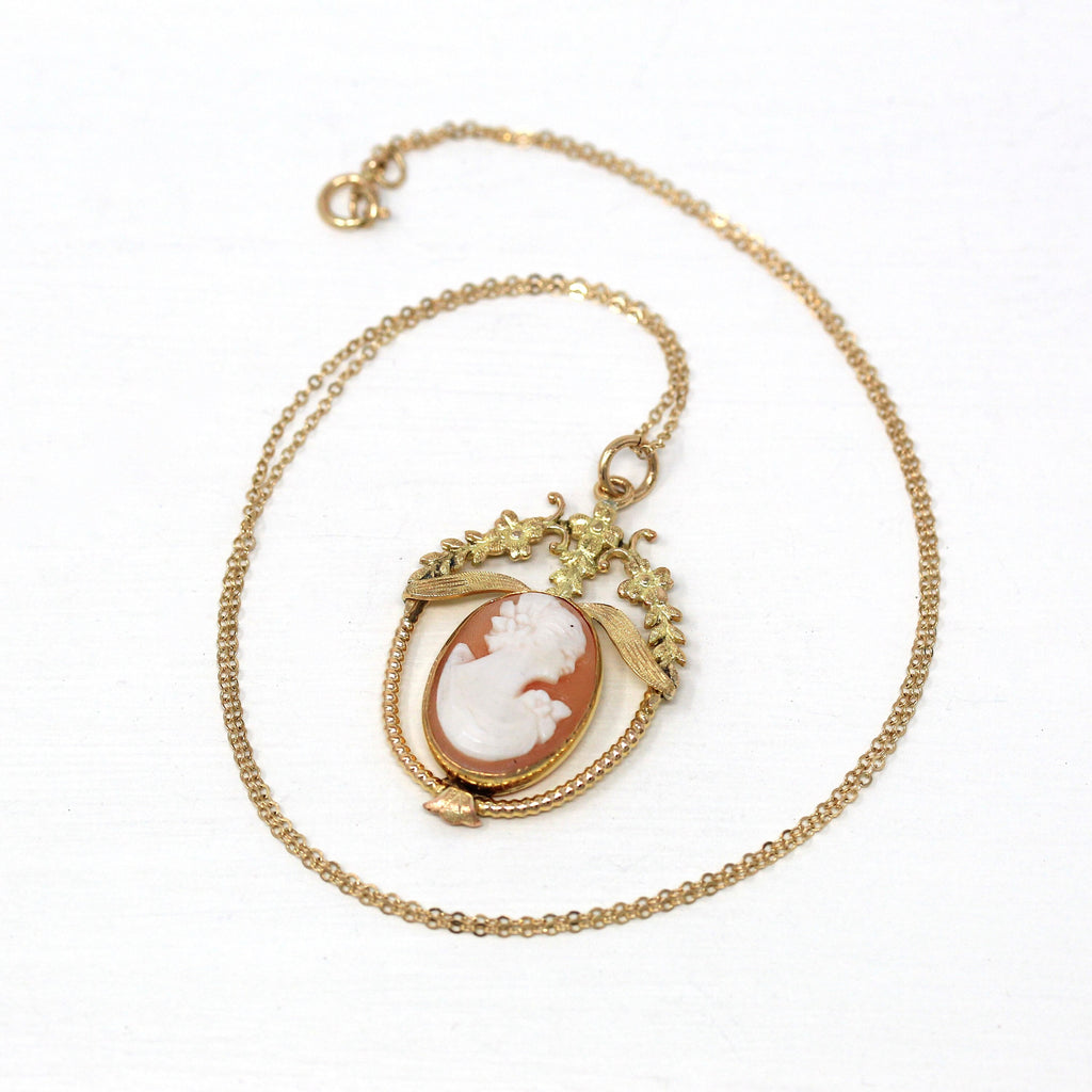 Vintage Cameo Pendant - Retro 12k Yellow Gold Filled Genuine Carved Shell Flower Leaf Statement - Circa 1940s Era Floral Organic Gem Jewelry