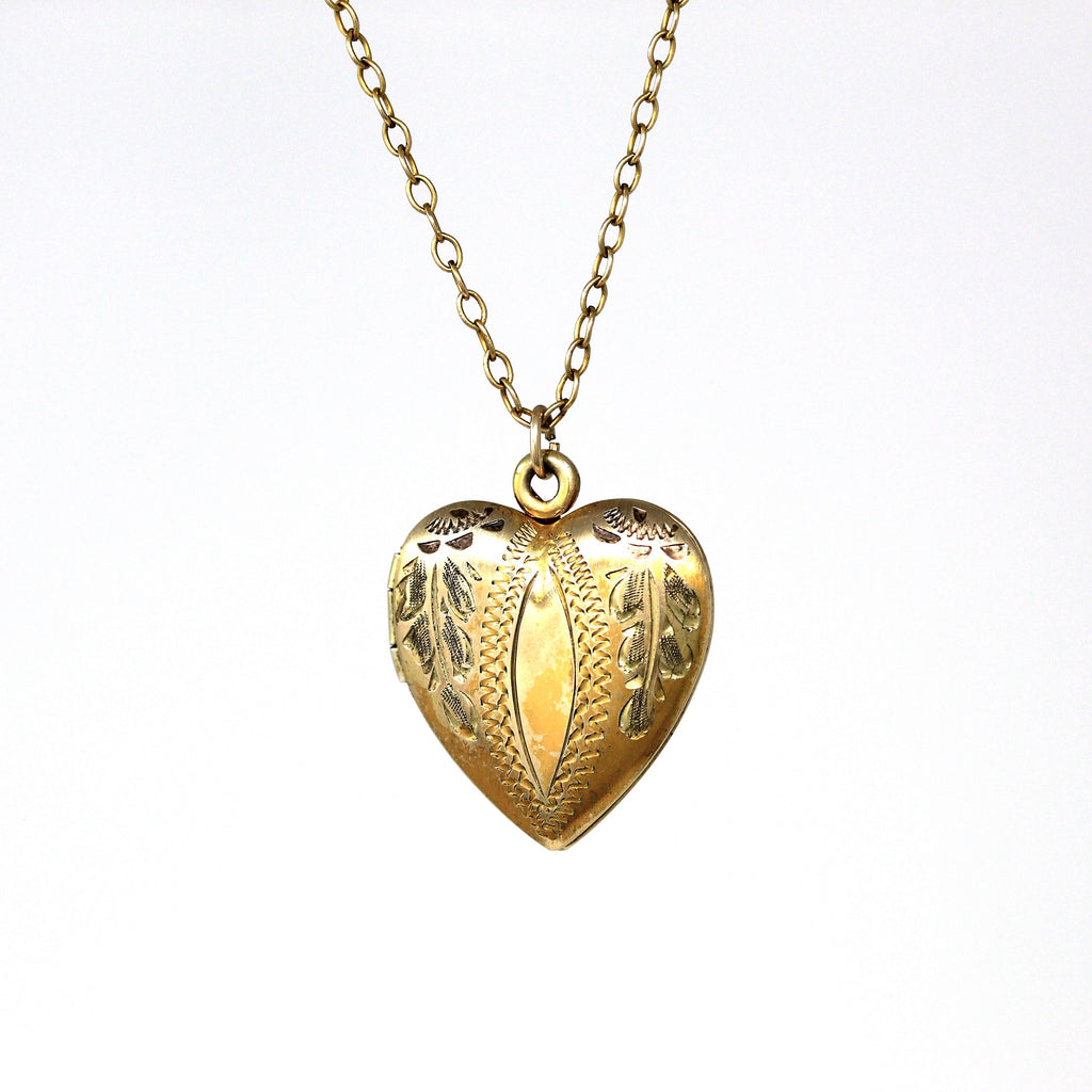 Vintage Heart Locket - Retro 10k Gold Filled Double Hearts Flowers Pendant Necklace Charm - Circa 1940s Era Keepsake Photograph 40s Jewelry