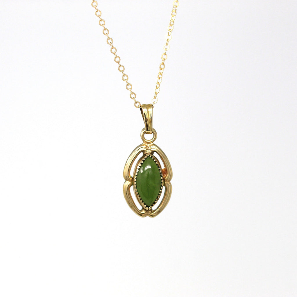 Nephrite Jade Pendant - Retro 12k Gold Filled Genuine Green Genuine Gemstone Necklace - Vintage Circa 1960s Era Dainty Green Gem 60s Jewelry