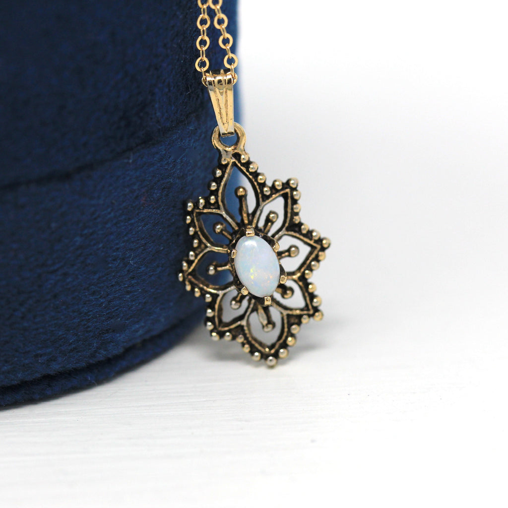 Genuine Opal Necklace - Retro 12k Gold Filled Oval Cabochon Cut Gemstone Pendant Charm - Vintage Circa 1960s Era October Birthstone Jewelry