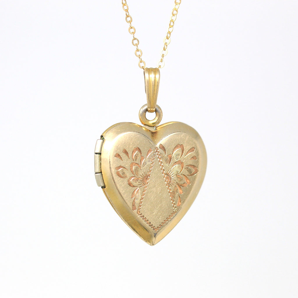 Vintage Heart Locket - Retro 12k Gold Filled Flower Designs Engraved Pendant Necklace - Circa 1940s Photograph Keepsake A&Z Chain Co Jewelry
