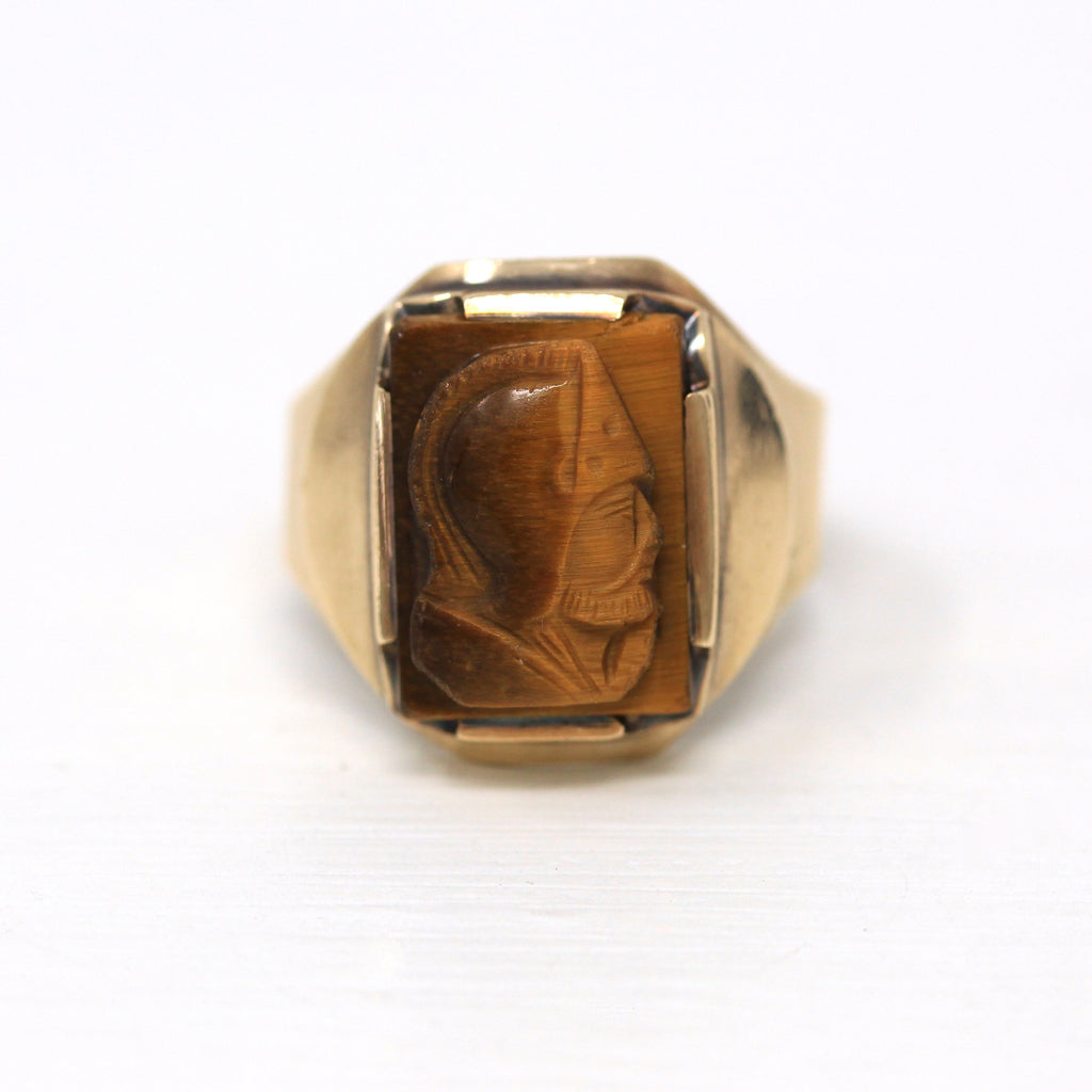 Tiger's Eye Ring - Retro 10k Yellow Gold Genuine Carved Warrior Brown Gemstone - Vintage Circa 1960s Era Size 10 Statement Fine 60s Jewelry