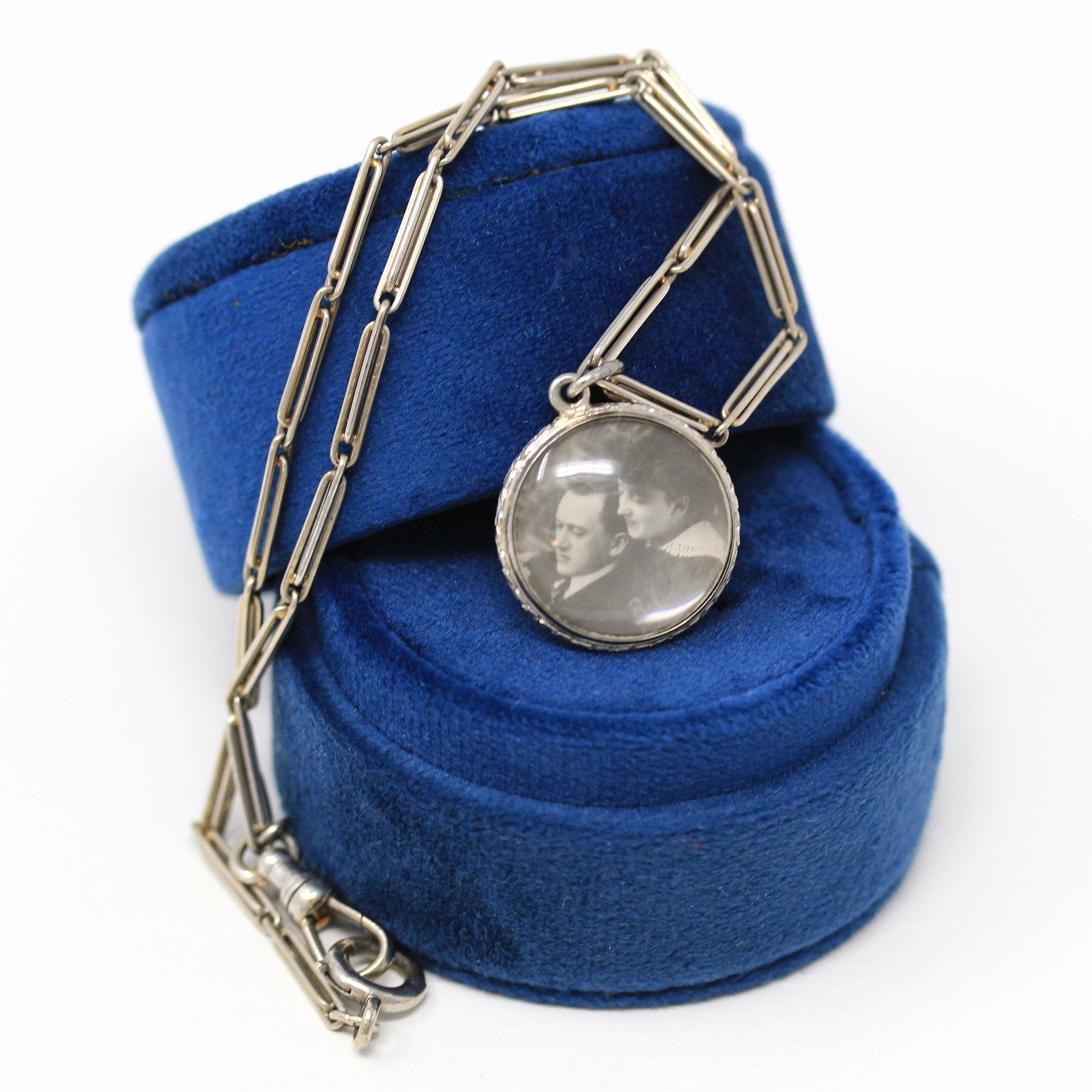 Antique Photo Fob - Art Deco Era 14k White Gold Initials "MAG" Photograph Keepsake - Circa 1920s Choker Necklace Watch Chain Fine Jewelry