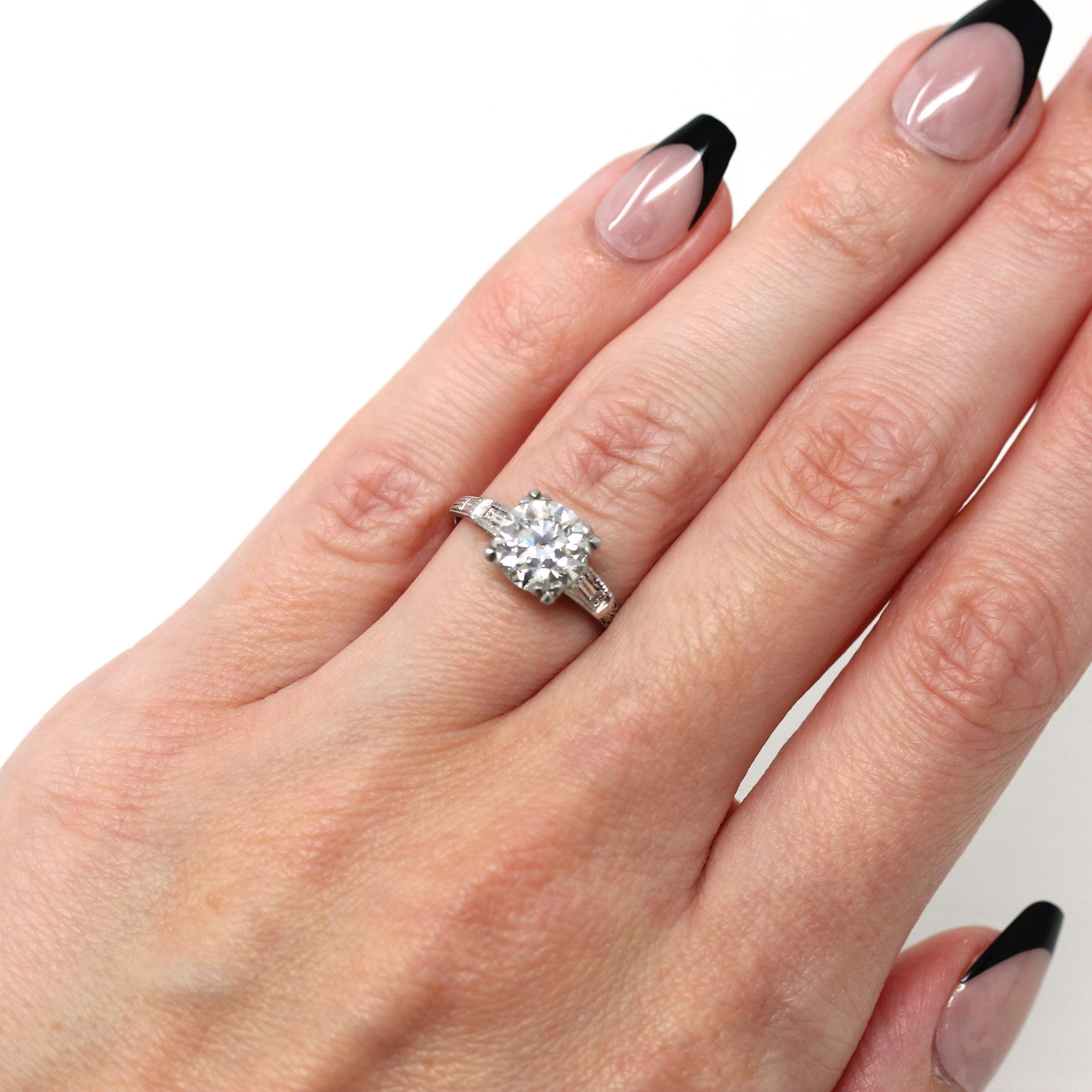 1.72 ct Diamond Engagement Ring - Circa 1950s Platinum Round Cut & Baguette Diamond - Size 5 Engraved Mid Century GIA Report Fine Jewelry