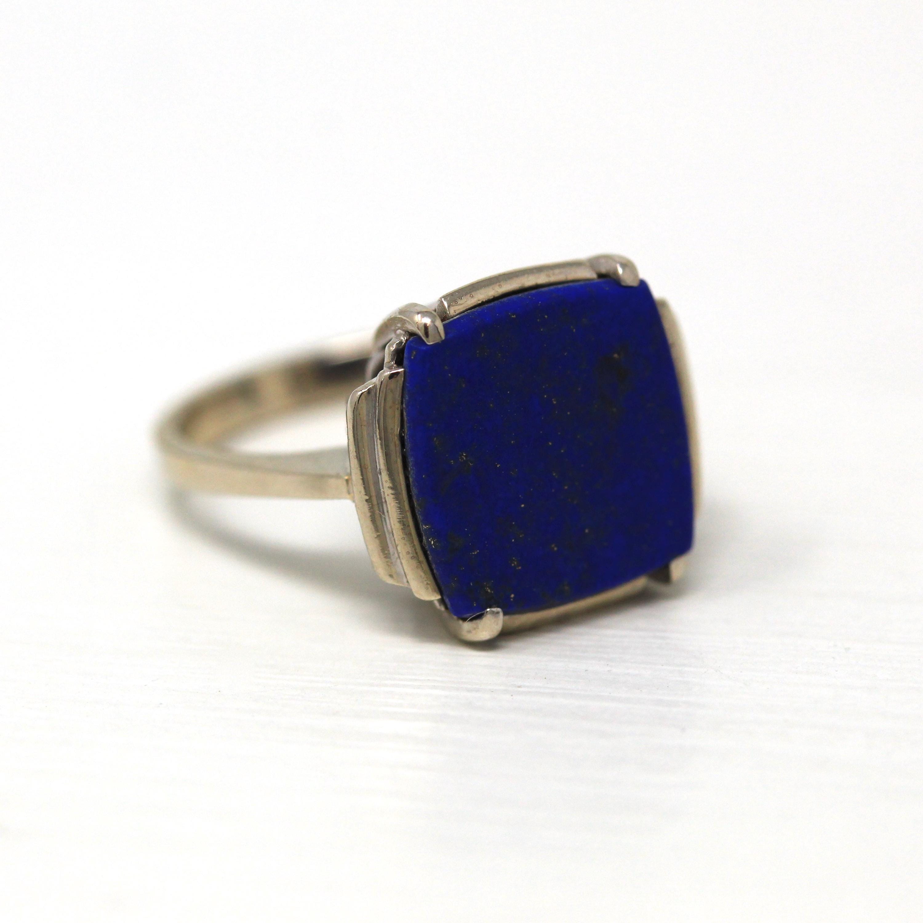 Natural Lapis Lazuli Ring - Vintage 14k White Gold Fancy Cut Flat Blue Gem Pyrite Statement - Circa 1970s Size 6 1/4 Gemstone Fine Jewelry