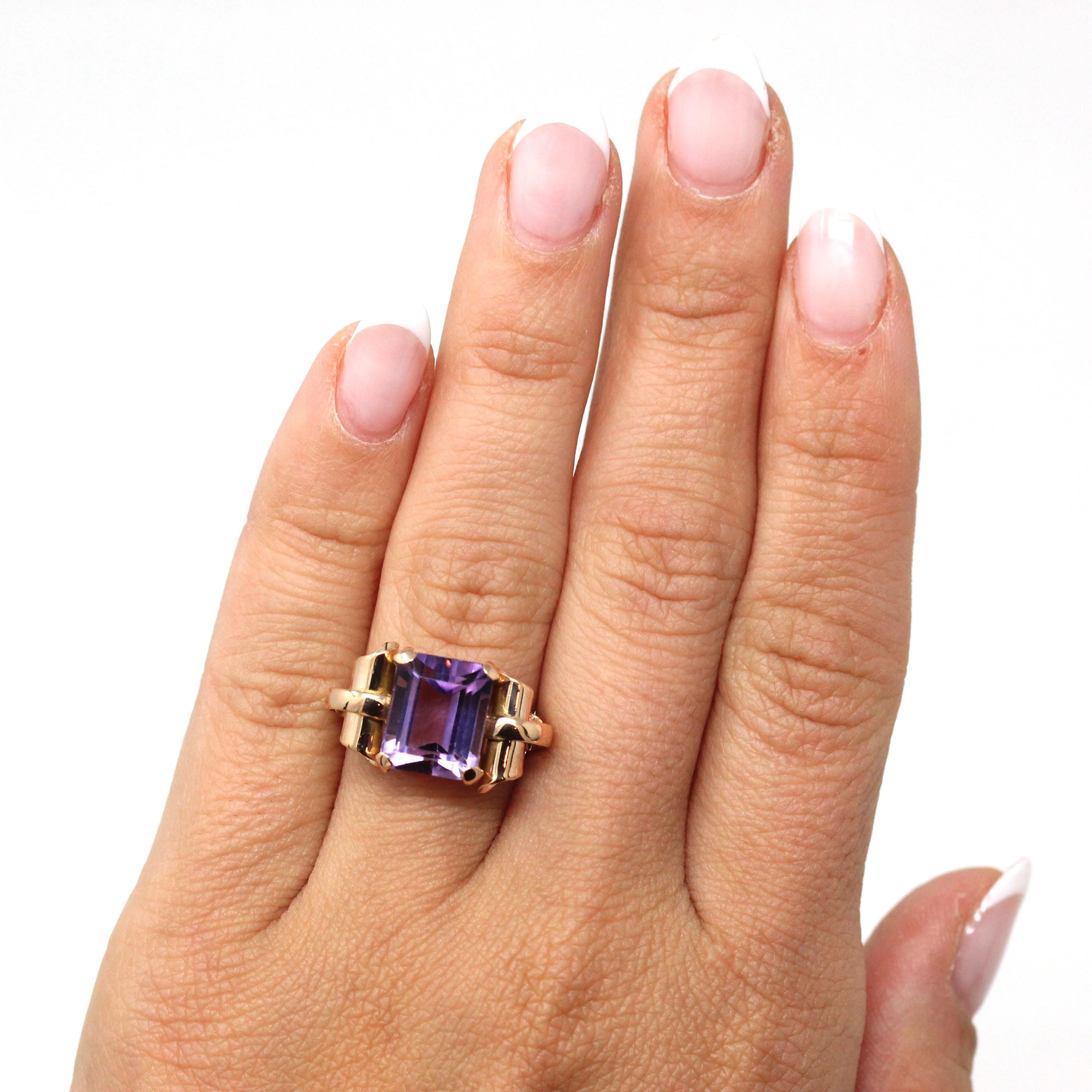 パープルローズ Genuine Amethyst Ring - Vintage 18k Rose Gold Faceted Purple