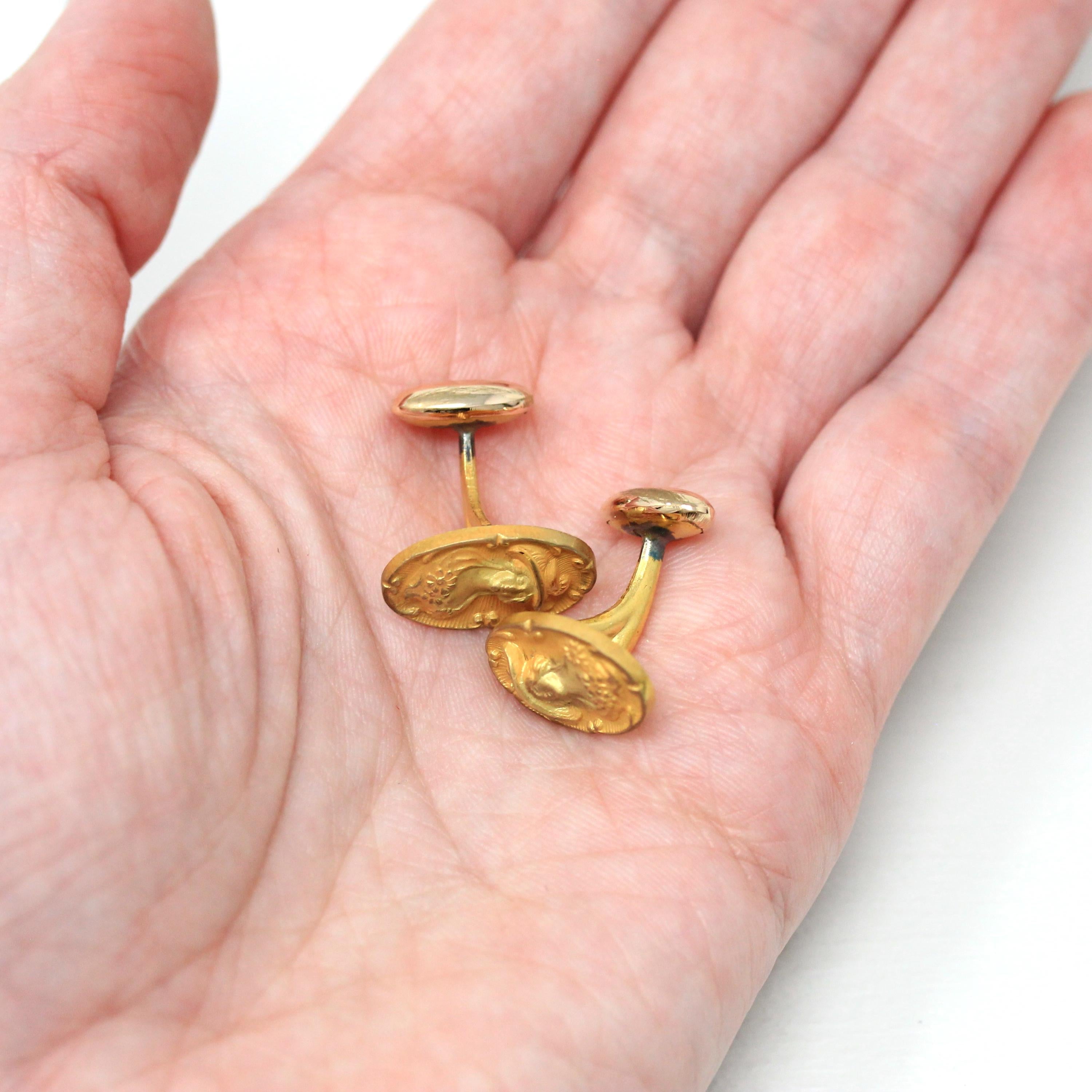 Antique Figural Cufflinks - Edwardian Gold Washed Cameo Woman Hat Portrait - Circa Early 1900s Men's Fashion Accessory Unique Floral Jewelry