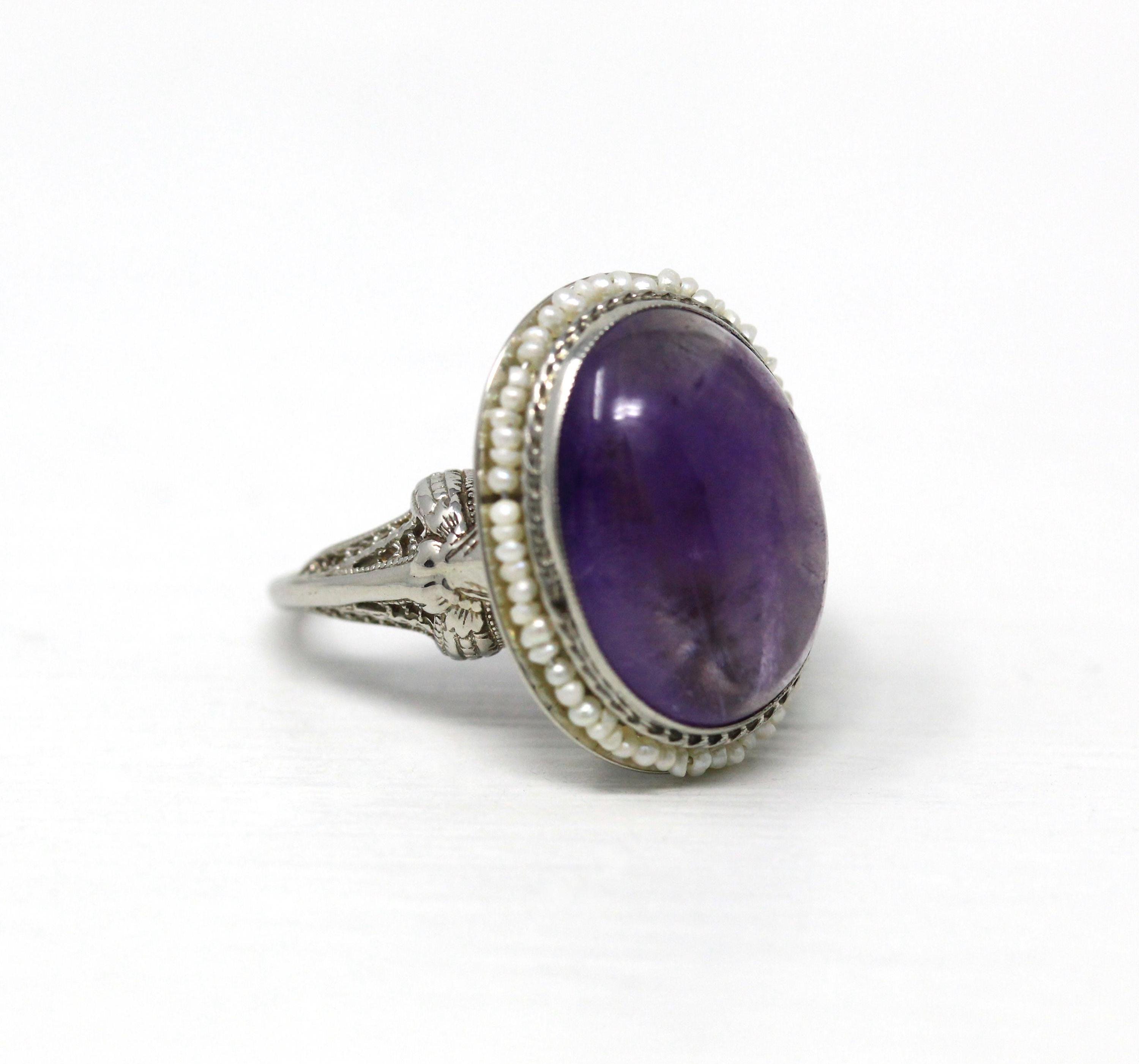 Vintage Amethyst Ring - Art Deco 1930s 10k White Gold Filigree Purple Cabochon Seed Pearl Halo - Antique Size 3 1/4 Filigree Fine Jewelry