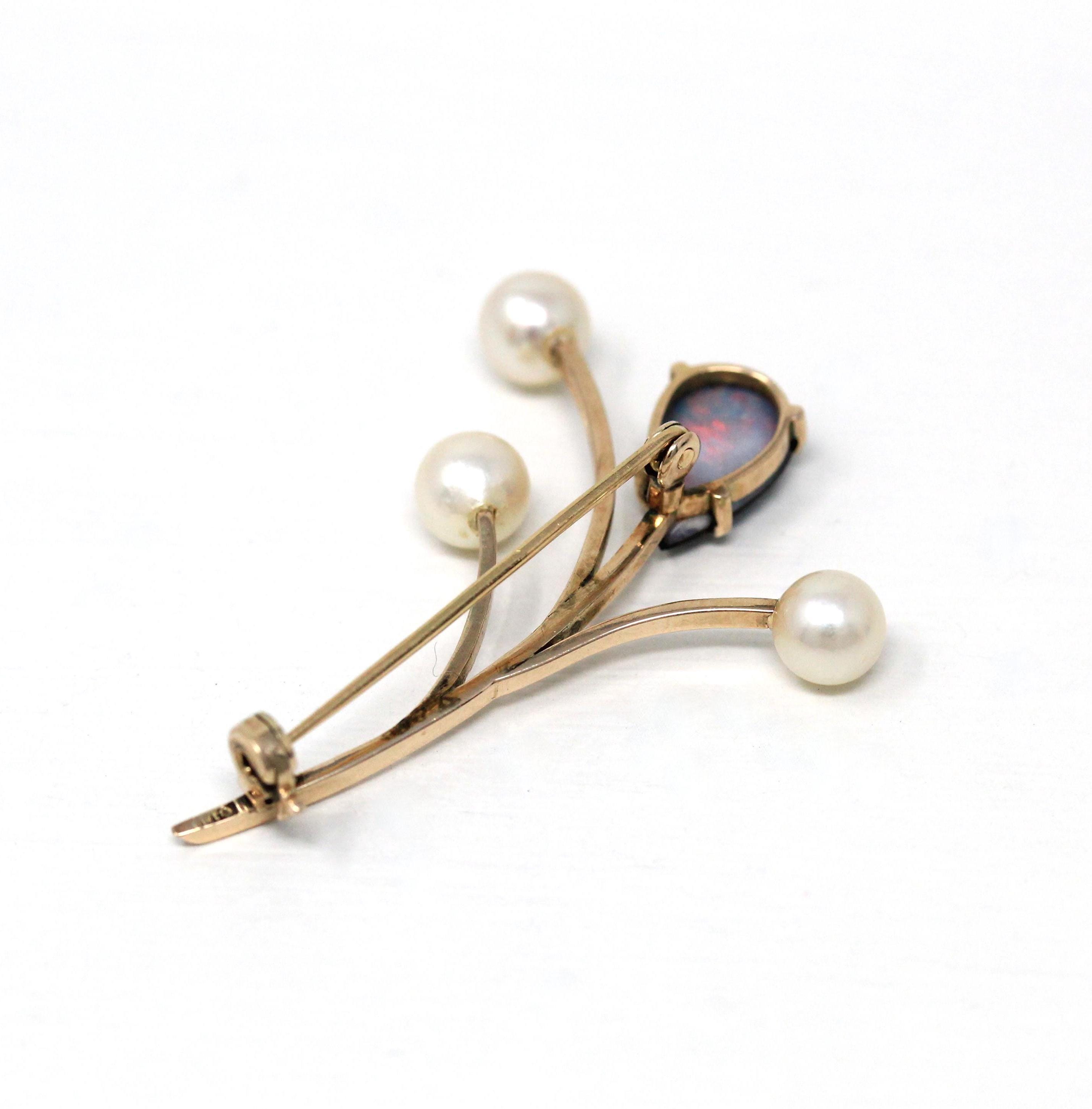Vintage Floral Brooch - Retro 14k Yellow Gold Opal Triplet Cultured Pearl Gemstones - Circa 1970s Era Statement Nature Inspired Fine Jewelry