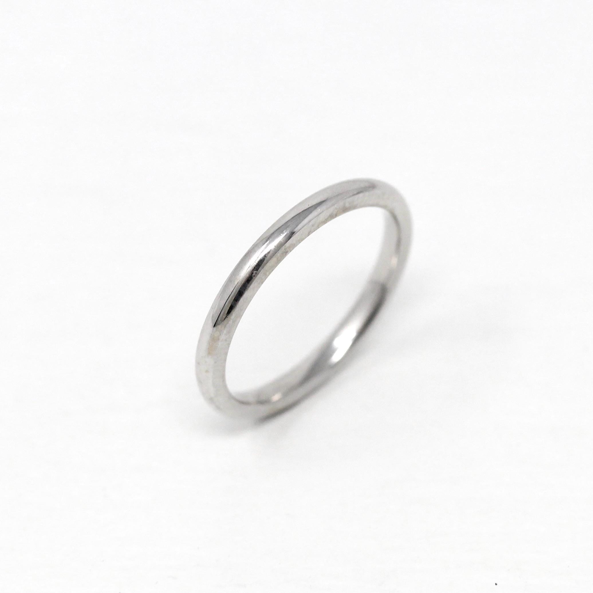 Vintage Wedding Band - Retro 14k White Gold Plain Stacking Ring - Circa 1960s Era Size 4 1/2 Signed Art Carved JR Wood Bridal Fine Jewelry