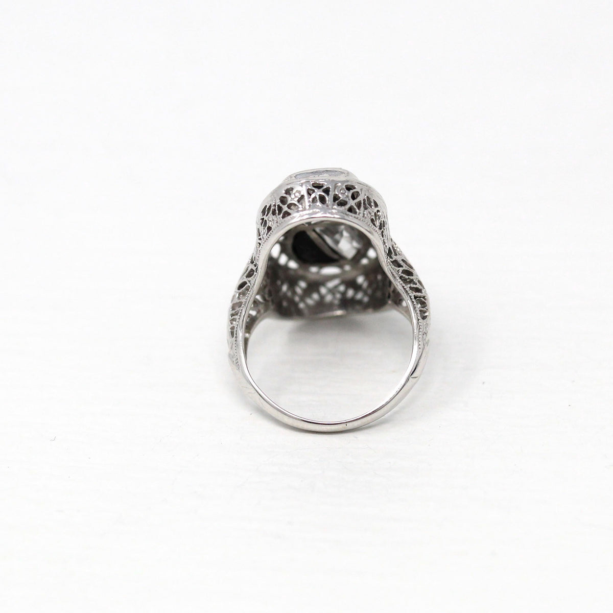 Black & White Art Deco Ring - Vintage 14k White Gold Fancy Cut Black Onyx Created White Sapphire - 1930s Size 3 1/2 Filigree Fine Jewelry