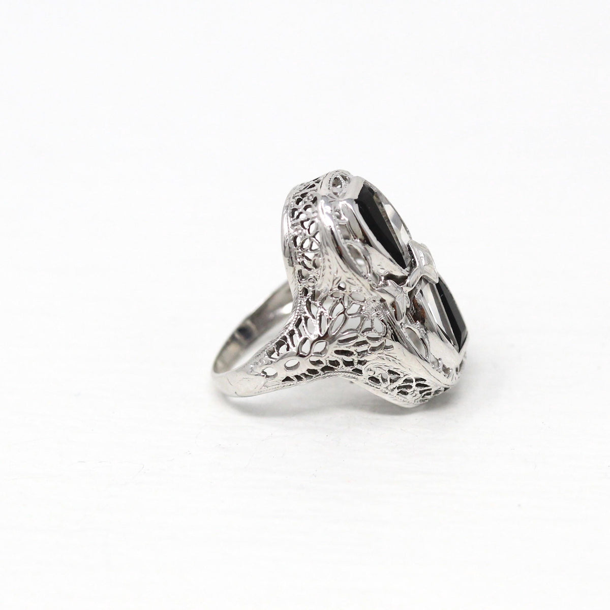 Black & White Art Deco Ring - Vintage 14k White Gold Fancy Cut Black Onyx Created White Sapphire - 1930s Size 3 1/2 Filigree Fine Jewelry
