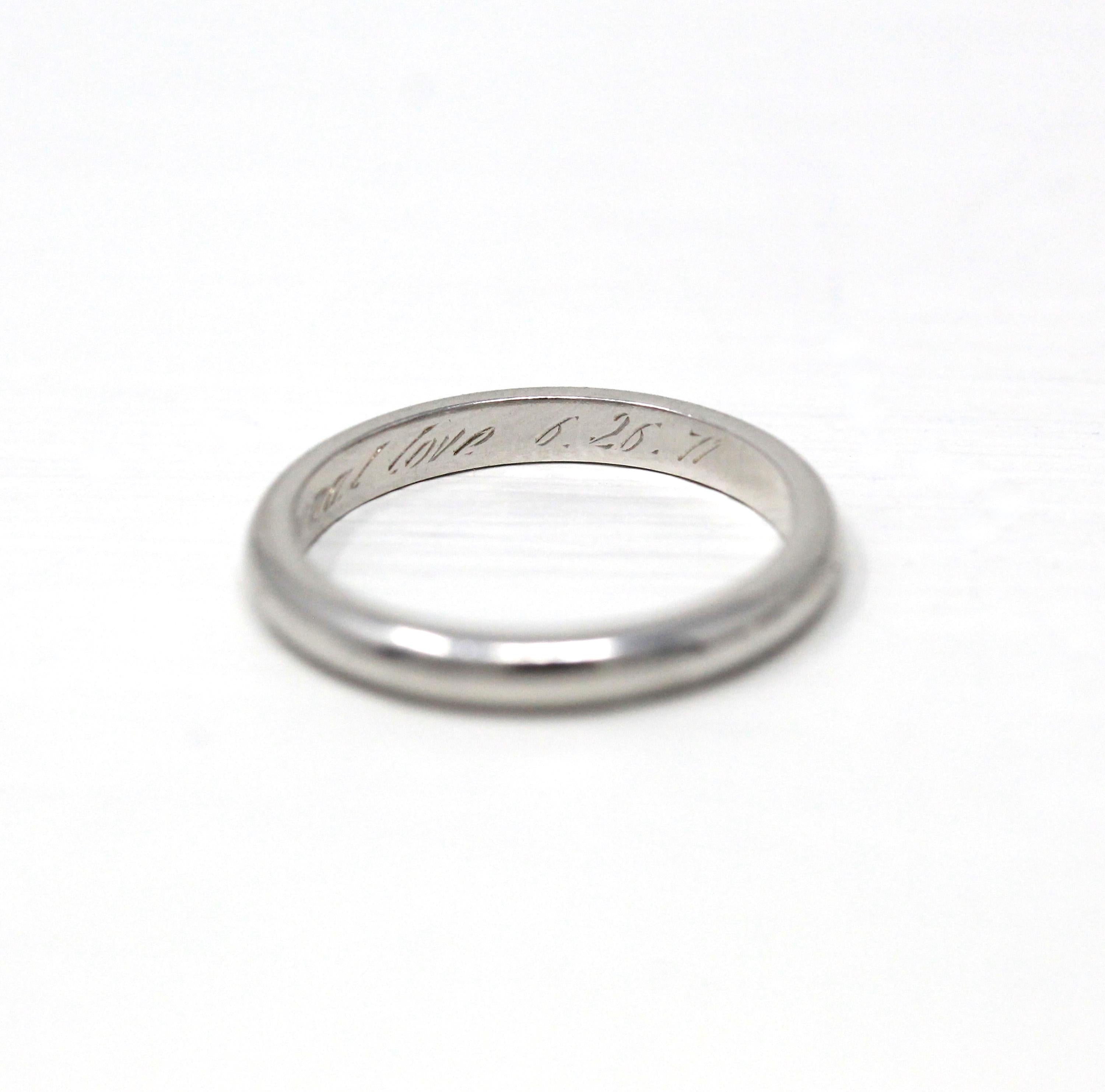 Dated 1971 Band - Vintage 14k White Gold Engraved "Eternal love 6-26-71" Ring - Retro Circa 1970s Era Size 4 1/2 Unisex Wedding Fine Jewelry