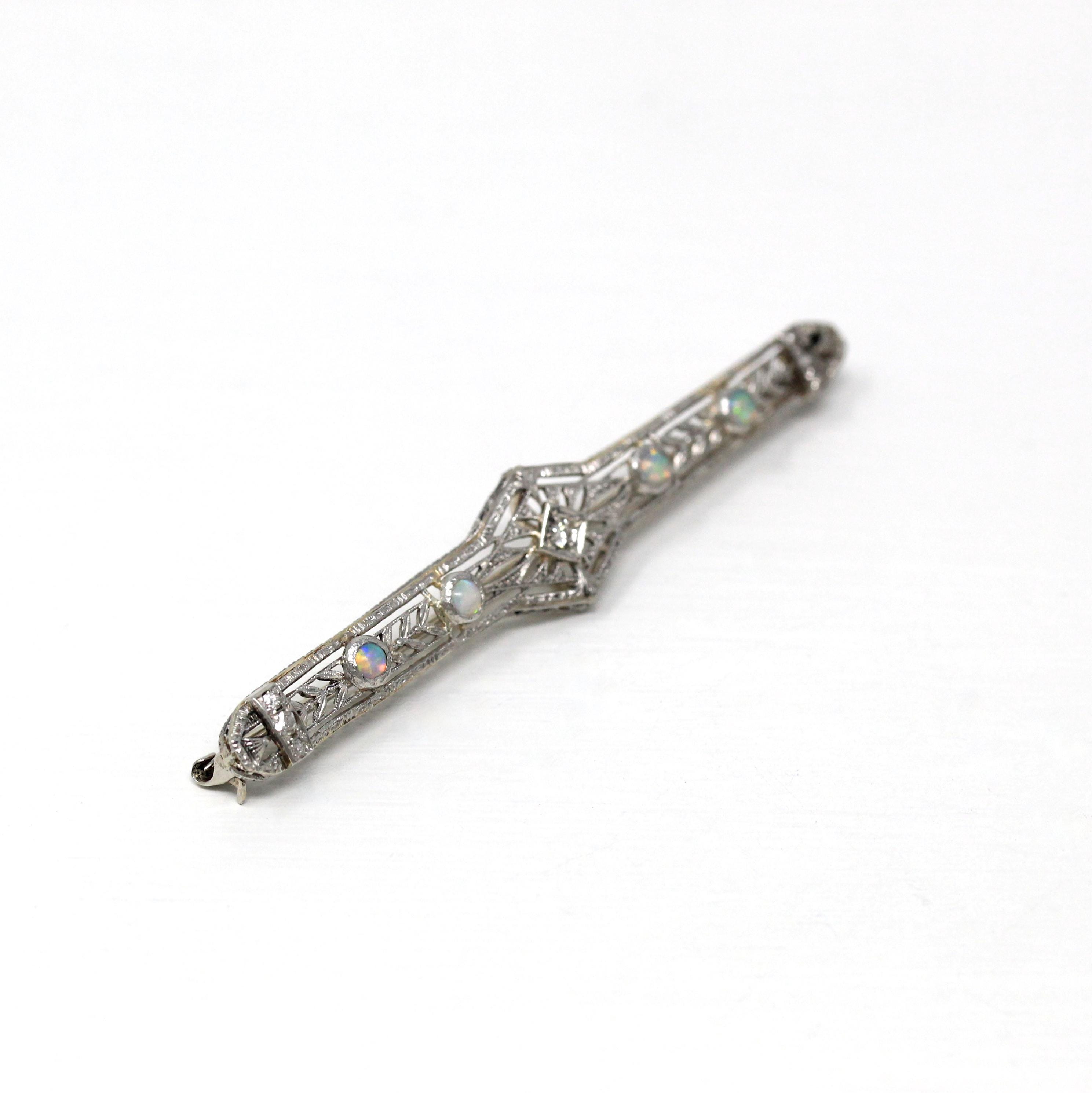 Vintage Opal Brooch - Art Deco 14k White Gold Genuine Gem Diamond Long Pin - Circa 1930s Era Filigree Open Metal Statement Fine 30s Jewelry