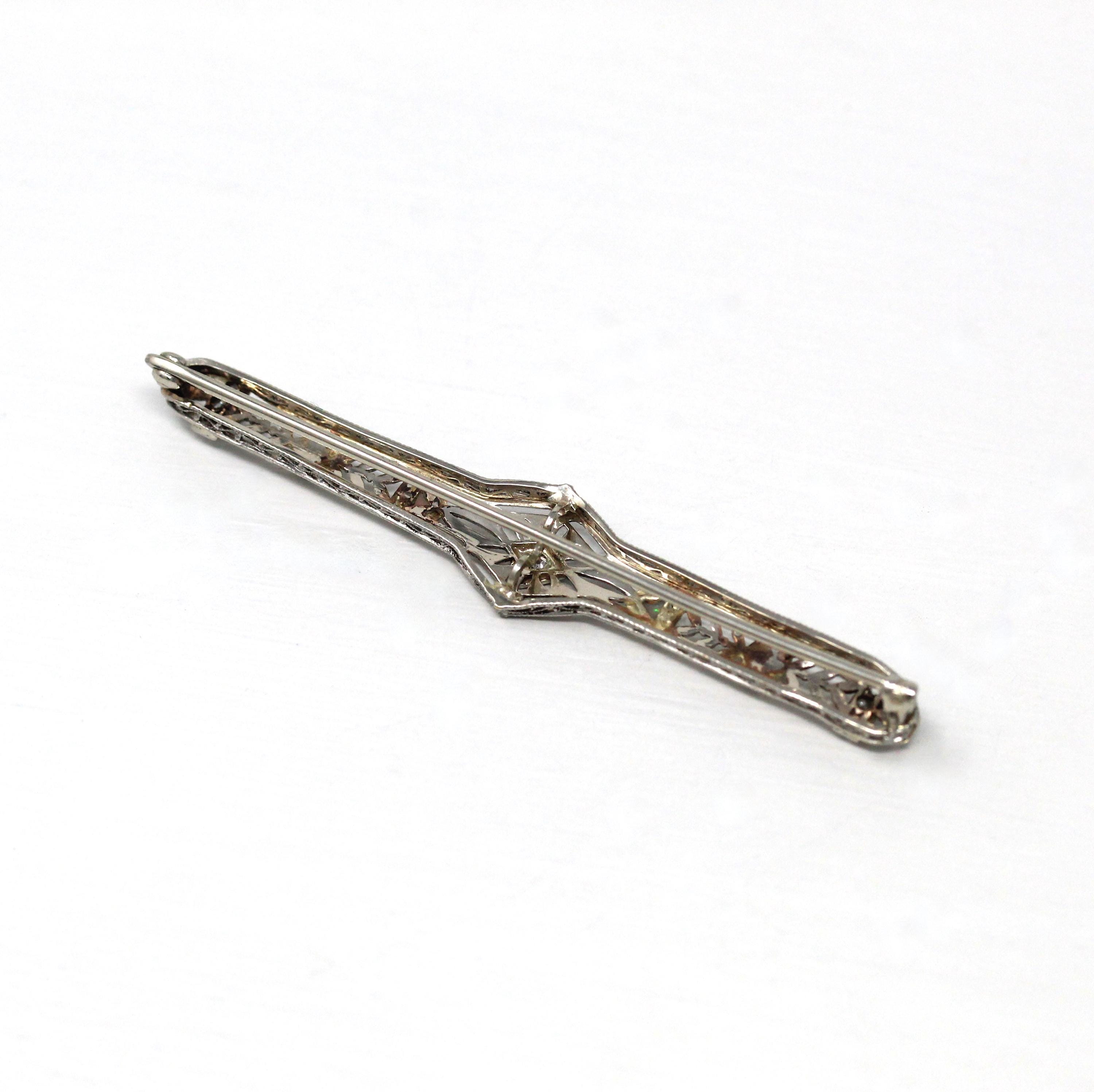 Vintage Opal Brooch - Art Deco 14k White Gold Genuine Gem Diamond Long Pin - Circa 1930s Era Filigree Open Metal Statement Fine 30s Jewelry