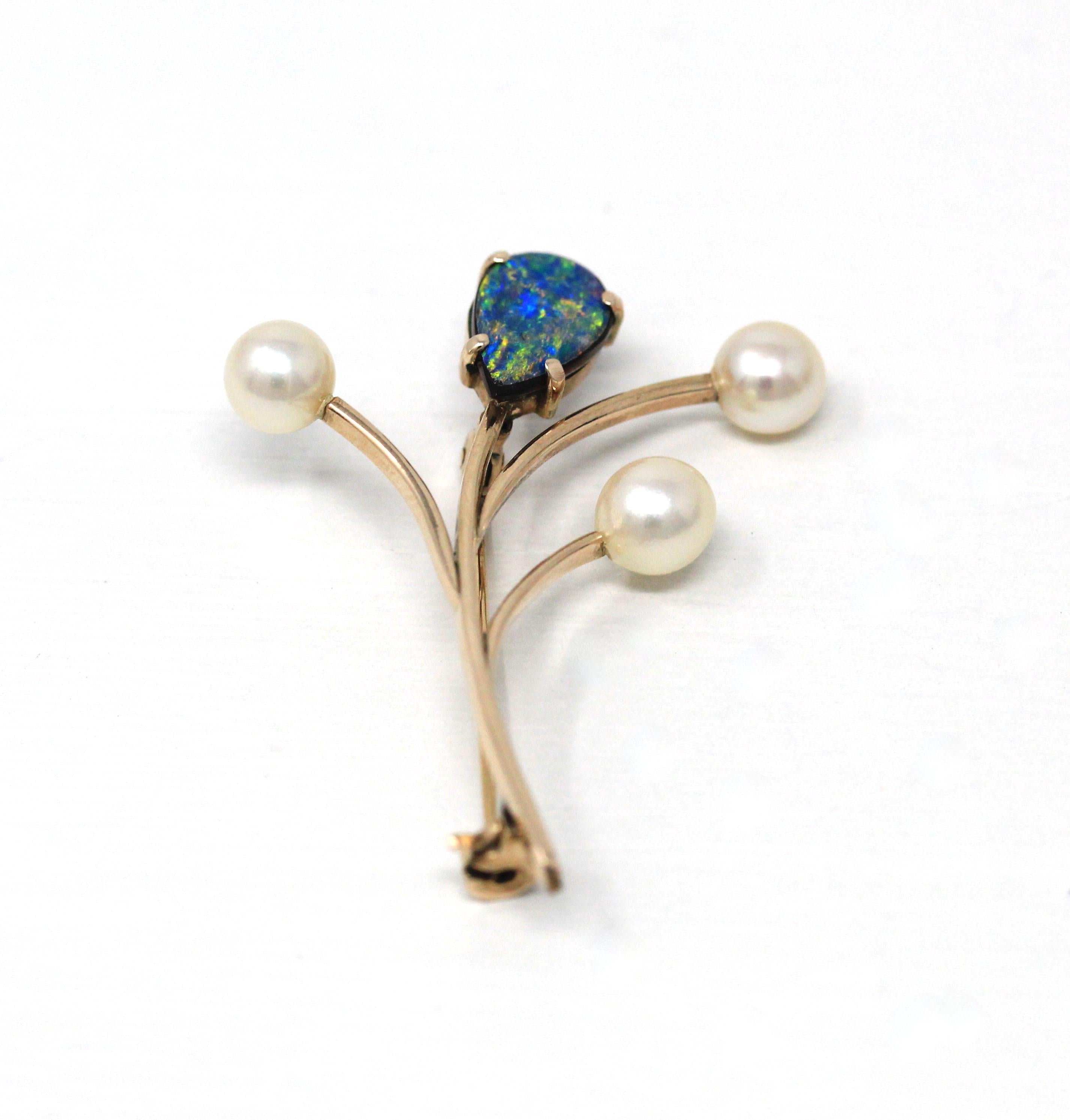 Vintage Floral Brooch - Retro 14k Yellow Gold Opal Triplet Cultured Pearl Gemstones - Circa 1970s Era Statement Nature Inspired Fine Jewelry