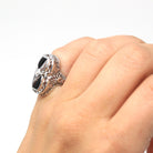 Black & White Art Deco Ring - Vintage 14k White Gold Fancy Cut Black Onyx Created White Sapphire - 1930s Size 3 1/2 Filigree Fine Jewelry