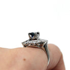 Sapphire & Diamond Halo Ring - 1980s Estate 14k White Gold .80 CT Blue Princess Round Baguette - Alternative Vintage Engagement Fine Jewelry