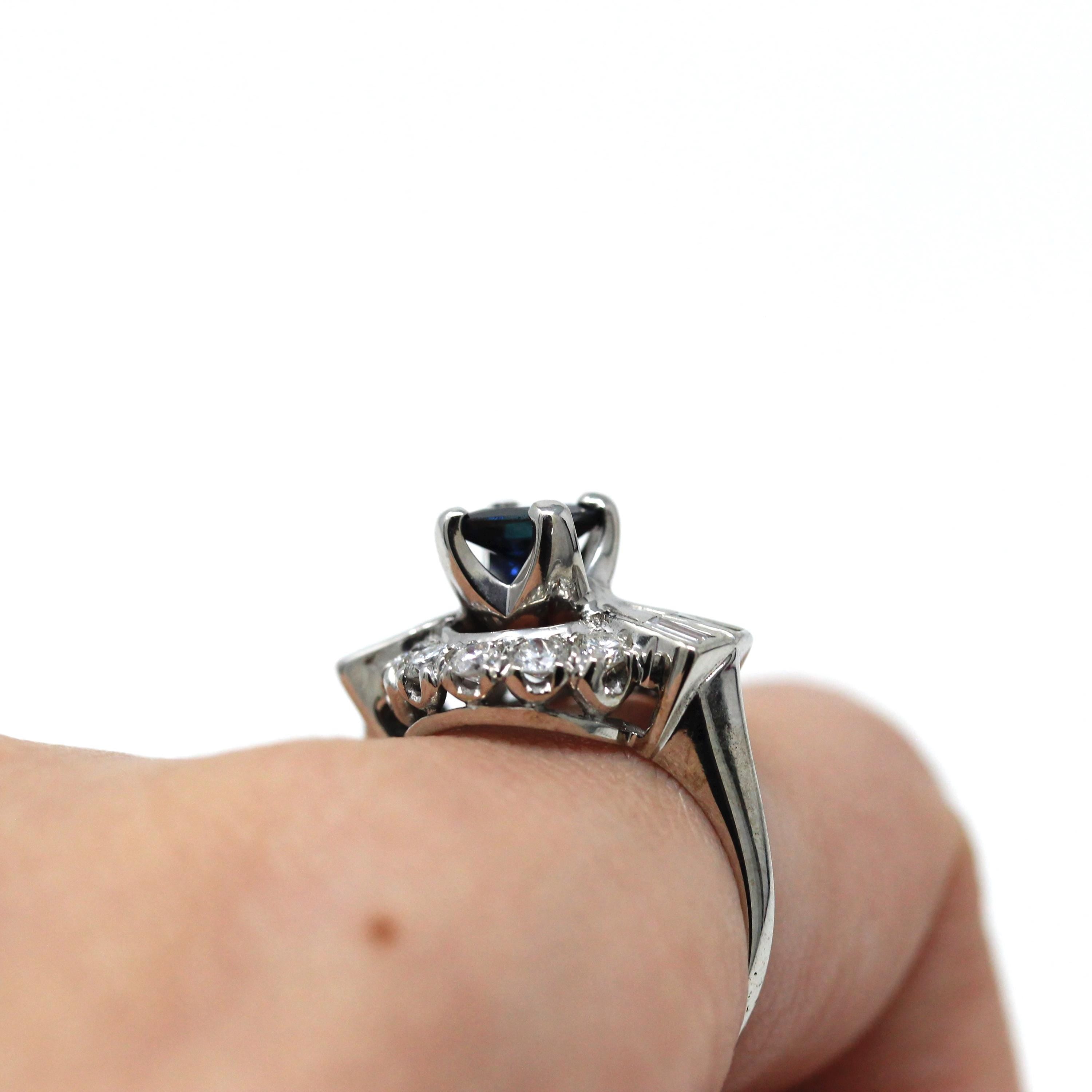 Sapphire & Diamond Halo Ring - 1980s Estate 14k White Gold .80 CT Blue Princess Round Baguette - Alternative Vintage Engagement Fine Jewelry