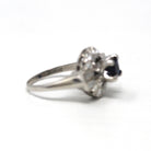 Sapphire & Diamond Halo Ring - 1980s Estate 14k White Gold .80 CT Blue Princess Round Baguette - Alternative Vintage Engagement Fine Jewelry