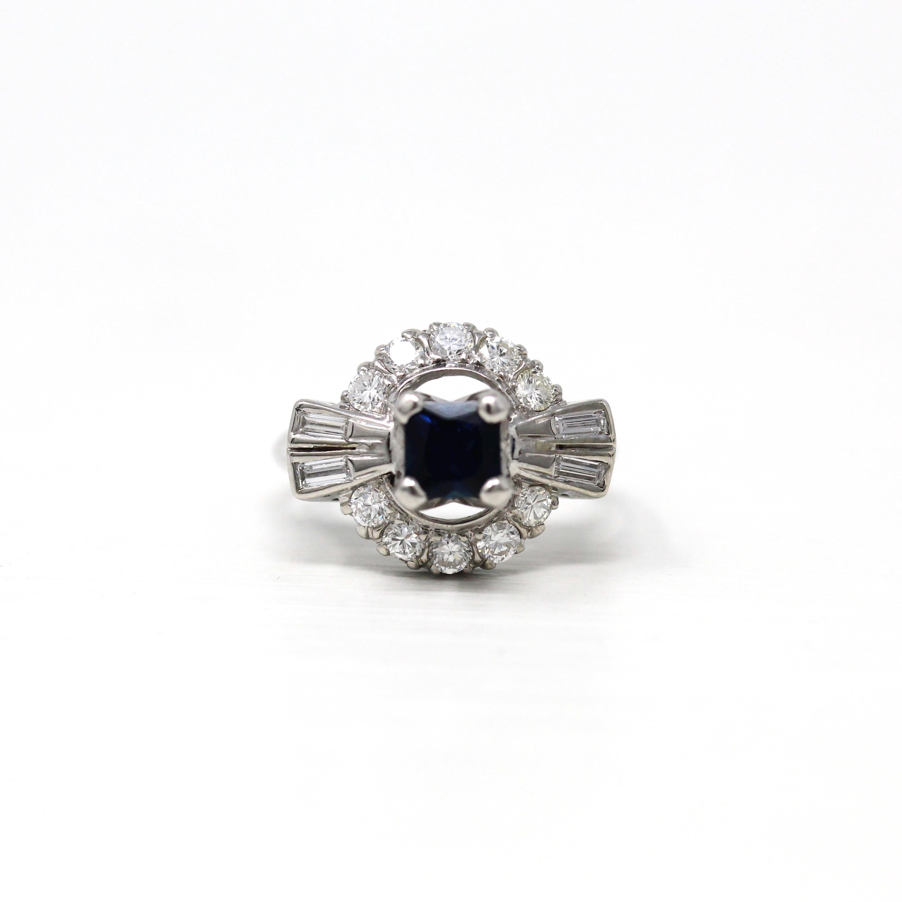 Sapphire & Diamond Halo Ring - 1980s Estate 14k White Gold .80 CT Blue Princess Round Baguette - Alternative Vintage Engagement Fine Jewelry