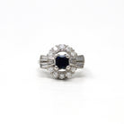 Sapphire & Diamond Halo Ring - 1980s Estate 14k White Gold .80 CT Blue Princess Round Baguette - Alternative Vintage Engagement Fine Jewelry