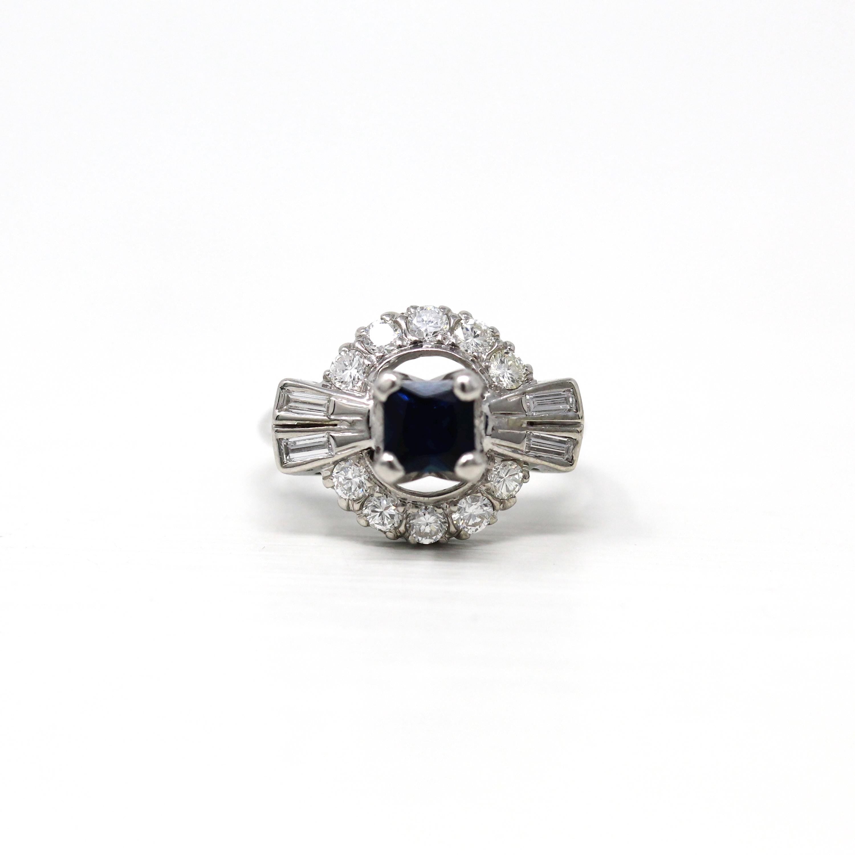 Sapphire & Diamond Halo Ring - 1980s Estate 14k White Gold .80 CT Blue Princess Round Baguette - Alternative Vintage Engagement Fine Jewelry