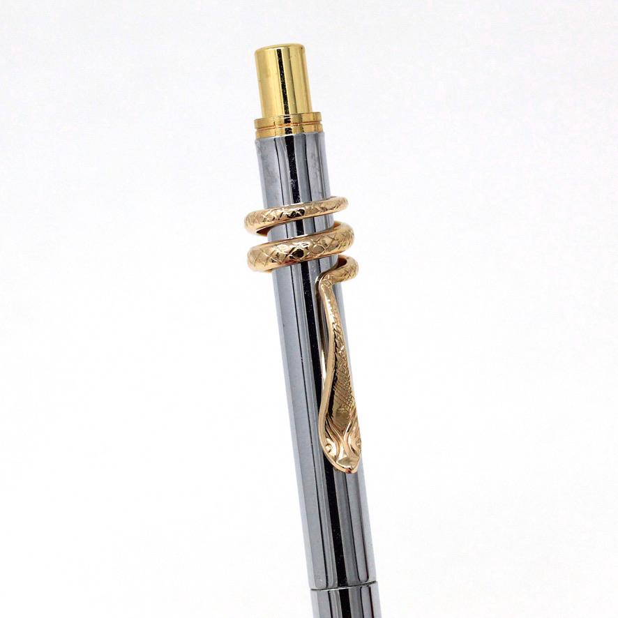 Gold Snake Fountain Pen Clip - Vintage Estate 14k Yellow Gold Coiled Serpent Wrap Accessory - Tiny Baby Cobra Fine Solid Jewelry Decoration