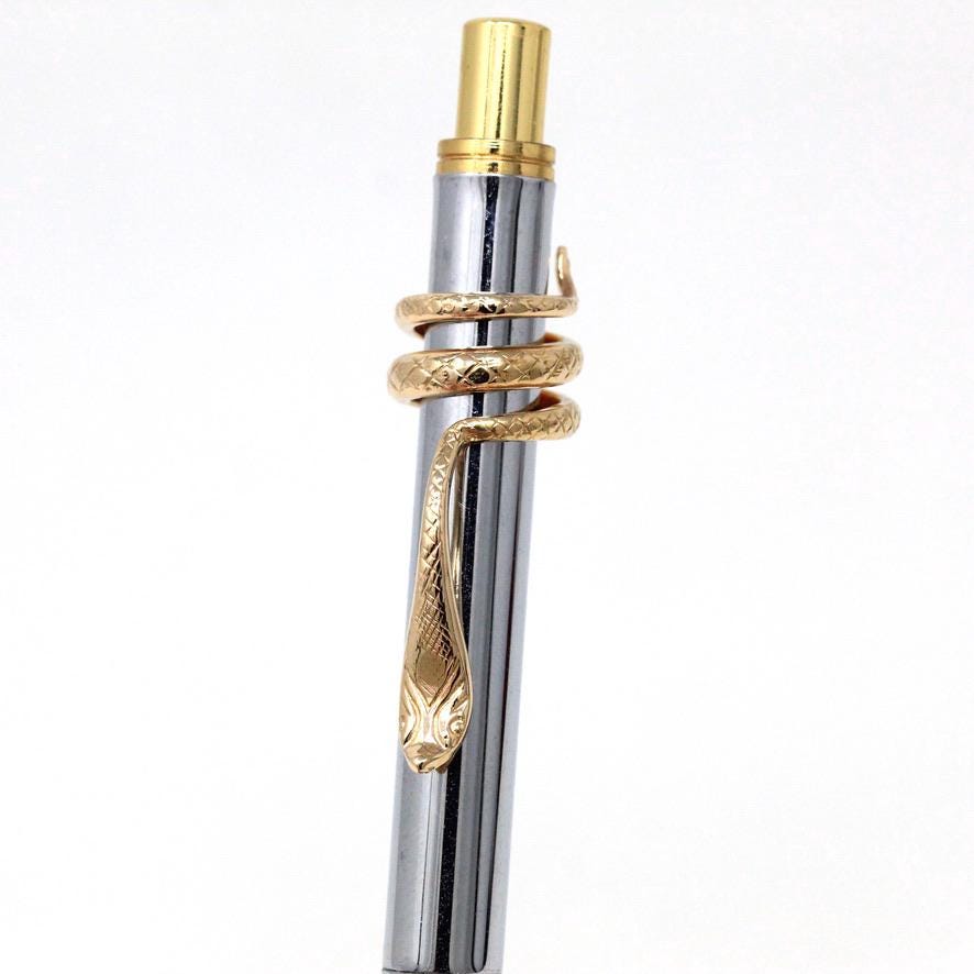 Gold Snake Fountain Pen Clip - Vintage Estate 14k Yellow Gold Coiled Serpent Wrap Accessory - Tiny Baby Cobra Fine Solid Jewelry Decoration