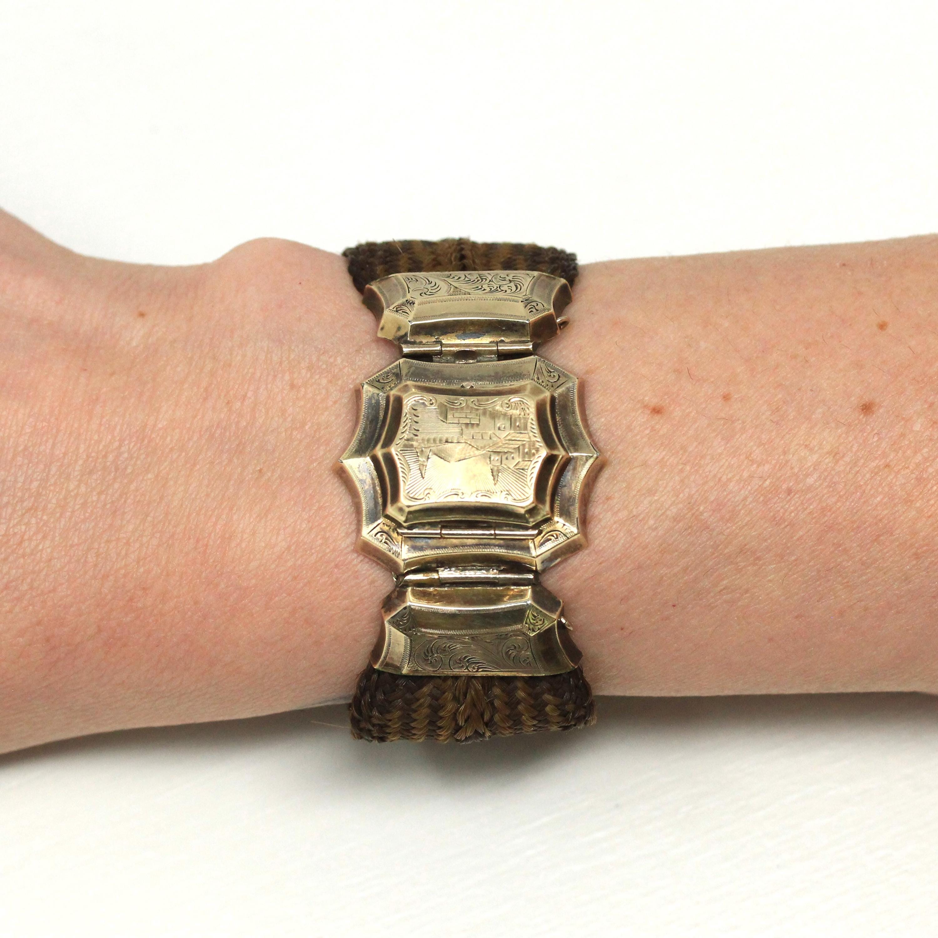 Victorian Hair Bracelet - Antique 10k Gold Woven Photo Keepsake Locket - 1800s 19th Century Statement Mourning Engraved "EM" Fine Jewelry