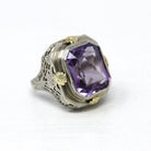 Vintage Amethyst Ring - Art Deco 14k White Gold Filigree Genuine Purple Gemstone - Circa 1930s Size 4 1/2 Floral Two Tone Fine 30s Jewelry