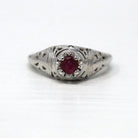 Vintage Ruby Ring - Art Deco Era 18k White Gold Genuine Pink Gemstone - Antique 1930s Size 4 Polished Bow Filigree Fine Engagement Jewelry