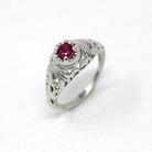 Vintage Ruby Ring - Art Deco Era 18k White Gold Genuine Pink Gemstone - Antique 1930s Size 4 Polished Bow Filigree Fine Engagement Jewelry