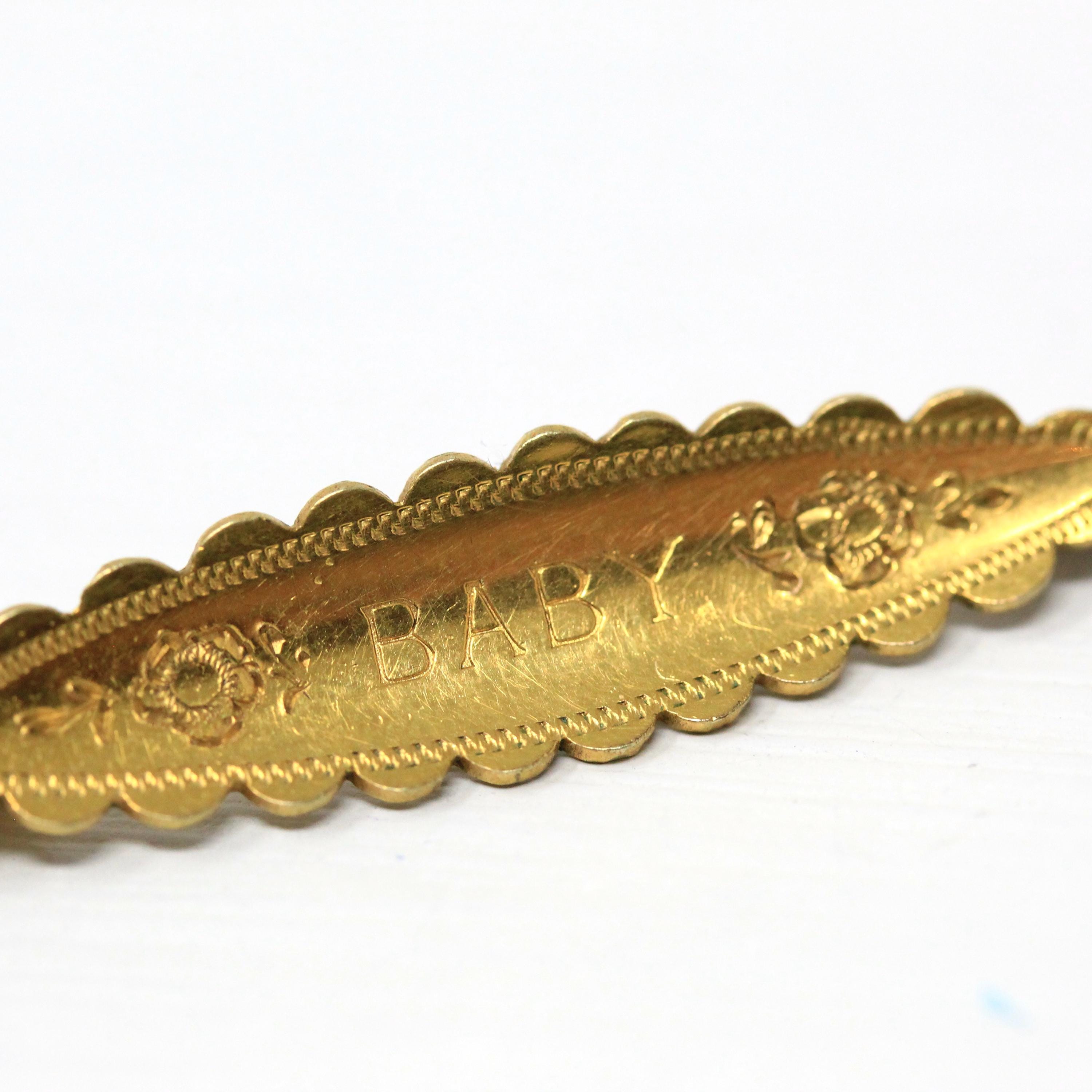 Antique Baby Brooch - Victorian Yellow Gold Fill Word Fashion Accessory Pin - Vintage Circa 1890s Fine Scalloped Cartouche Infant Jewelry