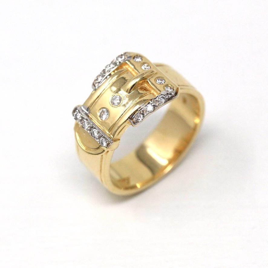 Belt Buckle Ring - Estate 14k Yellow Gold Natural Diamonds Wide Statement Band - Modern Circa 2000's Era Size 8 Unisex Style Fine Jewelry