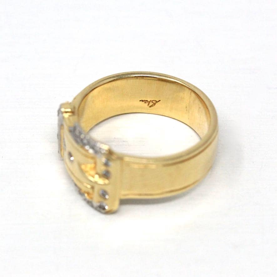Belt Buckle Ring - Estate 14k Yellow Gold Natural Diamonds Wide Statement Band - Modern Circa 2000's Era Size 8 Unisex Style Fine Jewelry
