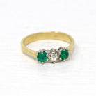 Emerald & Diamond Ring - Estate 18k Yellow and White Gold Three Gemstones - Modern 2000s Old Mine Cut Size 6 1/2 May Birthstone Fine Jewelry