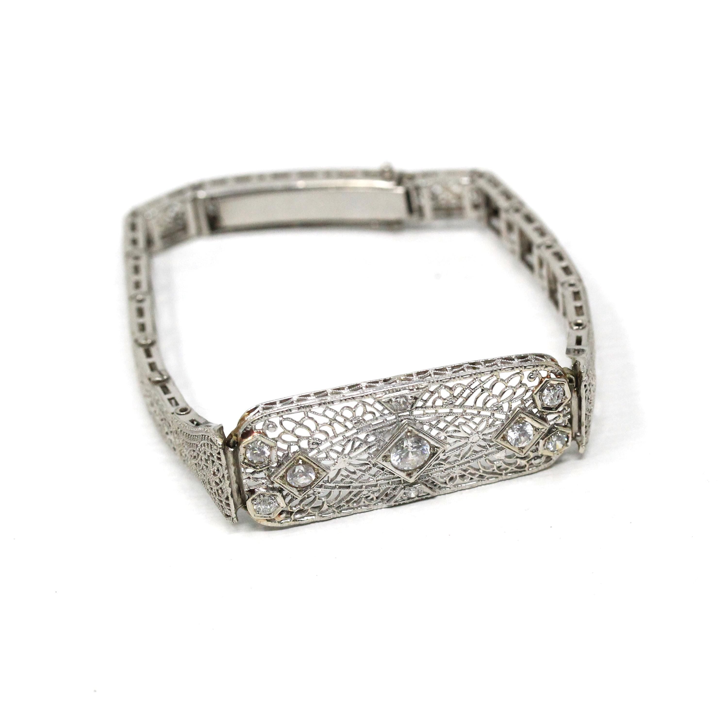 Art Deco Bracelet - Vintage 10k White Gold Filigree Diamond & Cubic Zirconia - Circa 1930s Era Wedding Floral Filigree Panels Fine Jewelry
